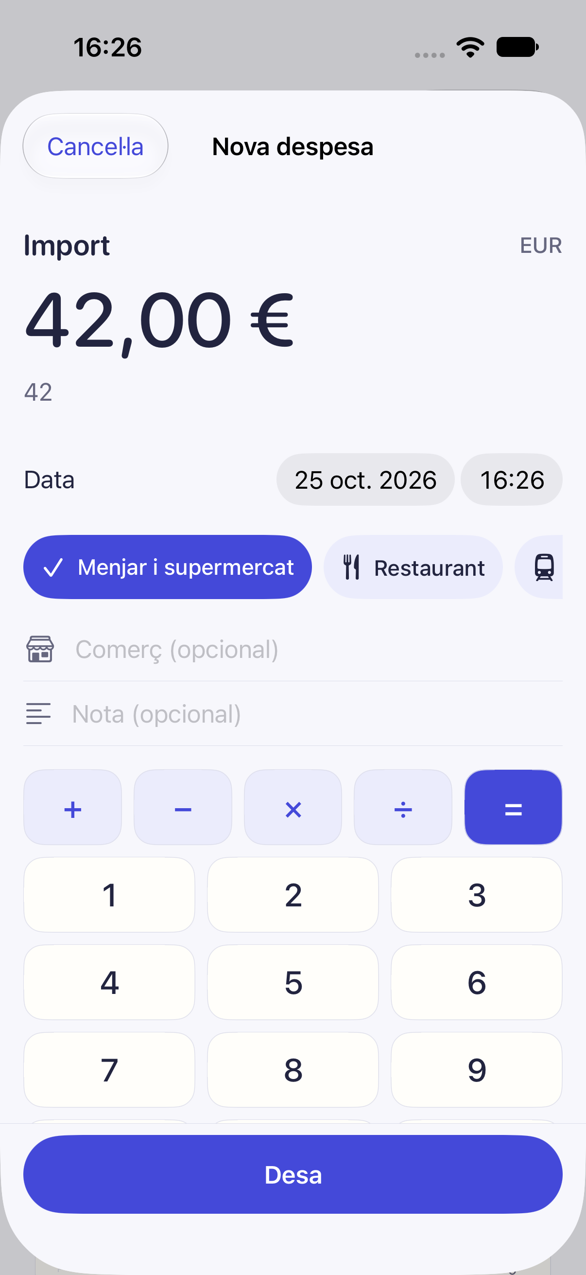 Editor de despeses de Cèntim amb import gran i calculadora integrada