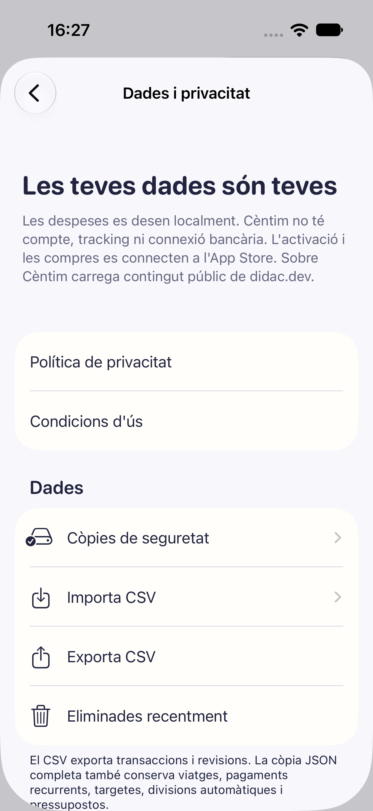 Pantalla de dades i privacitat de Cèntim amb còpies locals i controls CSV