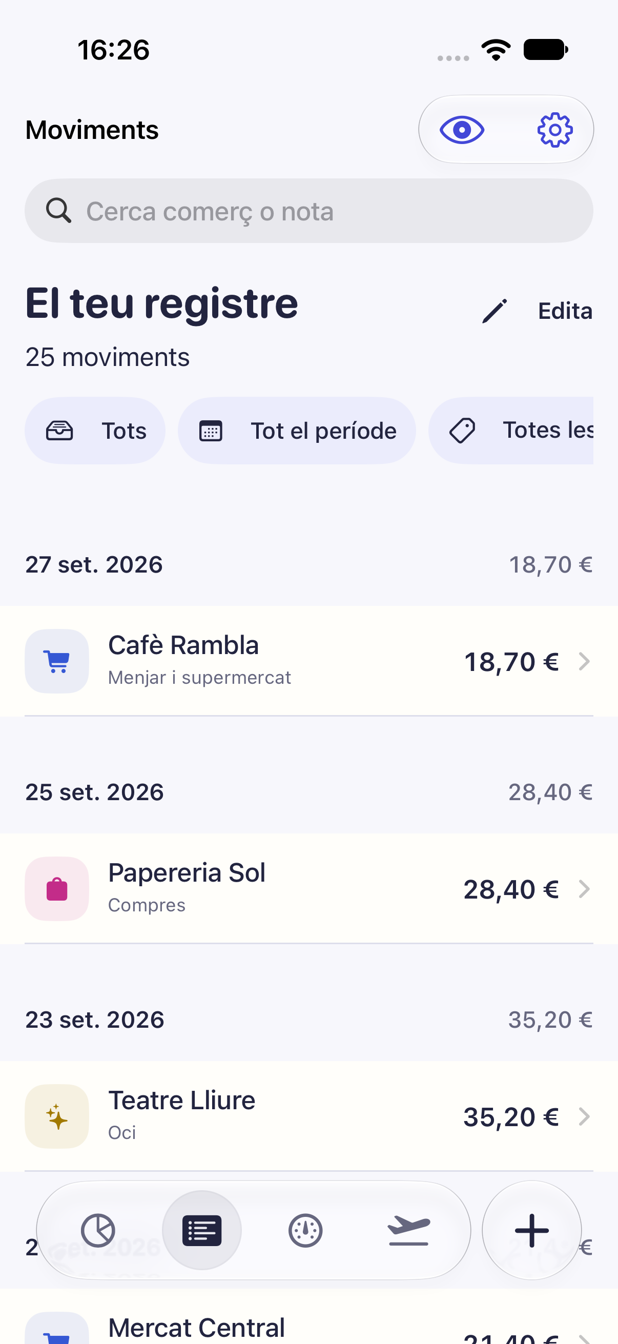 Registre de transaccions de Cèntim amb cerca, filtres i despeses recents