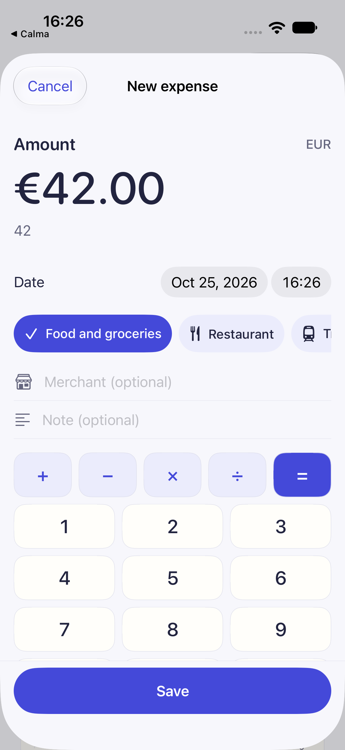 Cèntim expense editor with large amount and built-in calculator