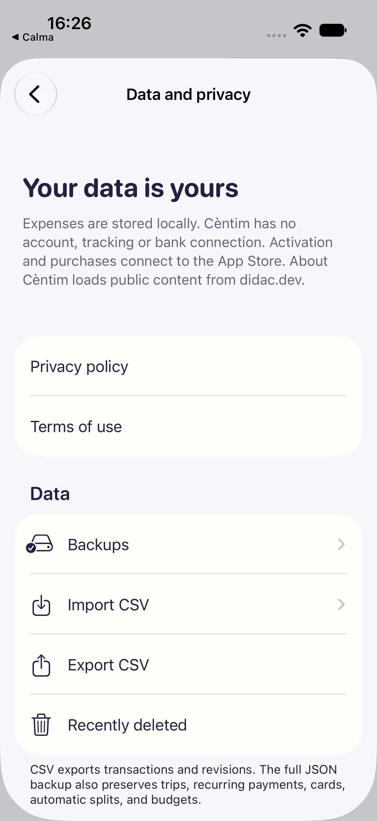 Cèntim data and privacy screen with local backup and CSV controls