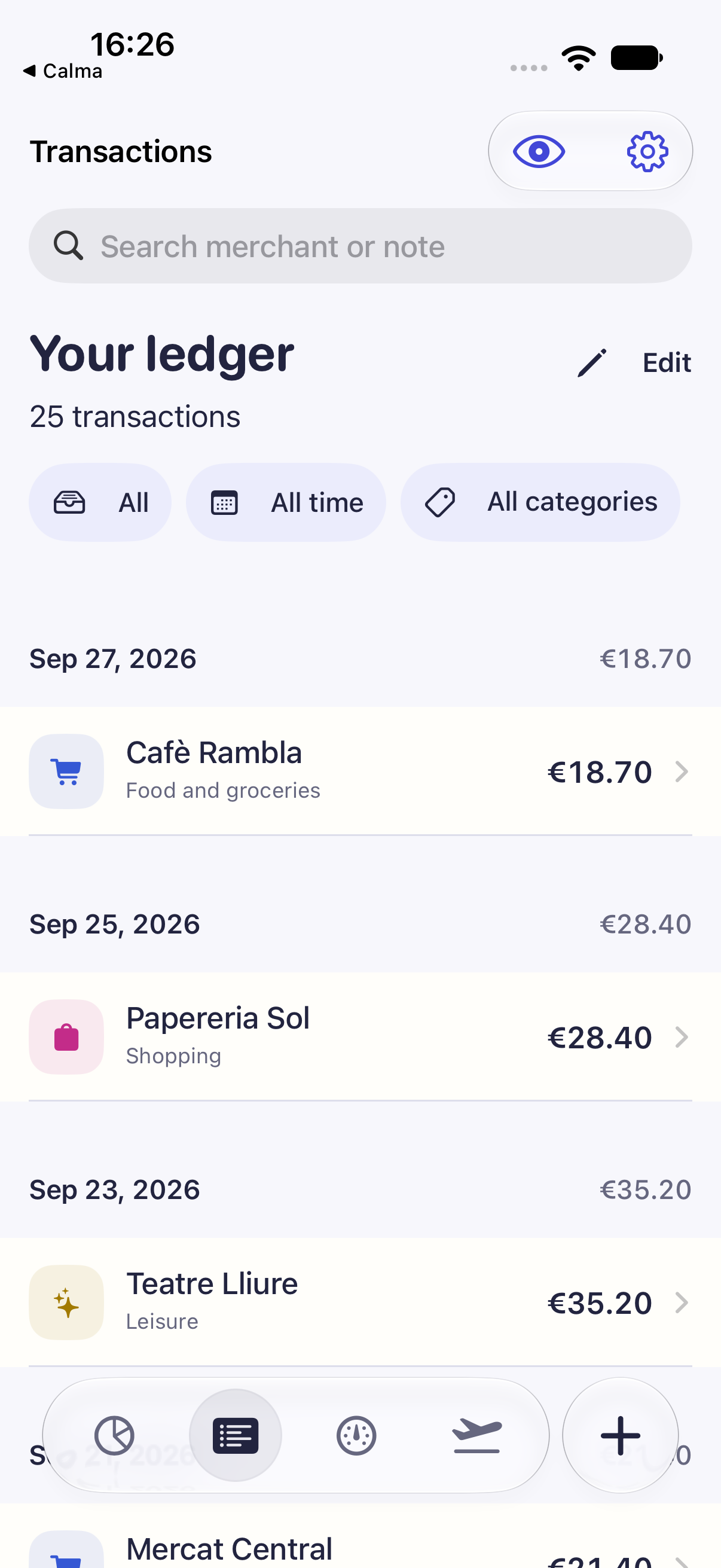 Cèntim transaction ledger with search, filters and recent expenses