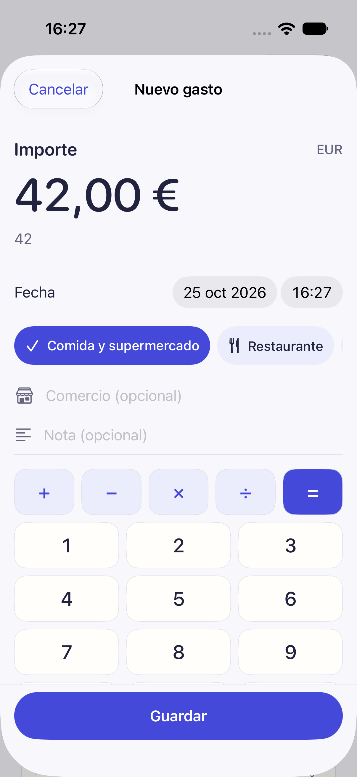 Editor de gastos de Cèntim con importe grande y calculadora integrada