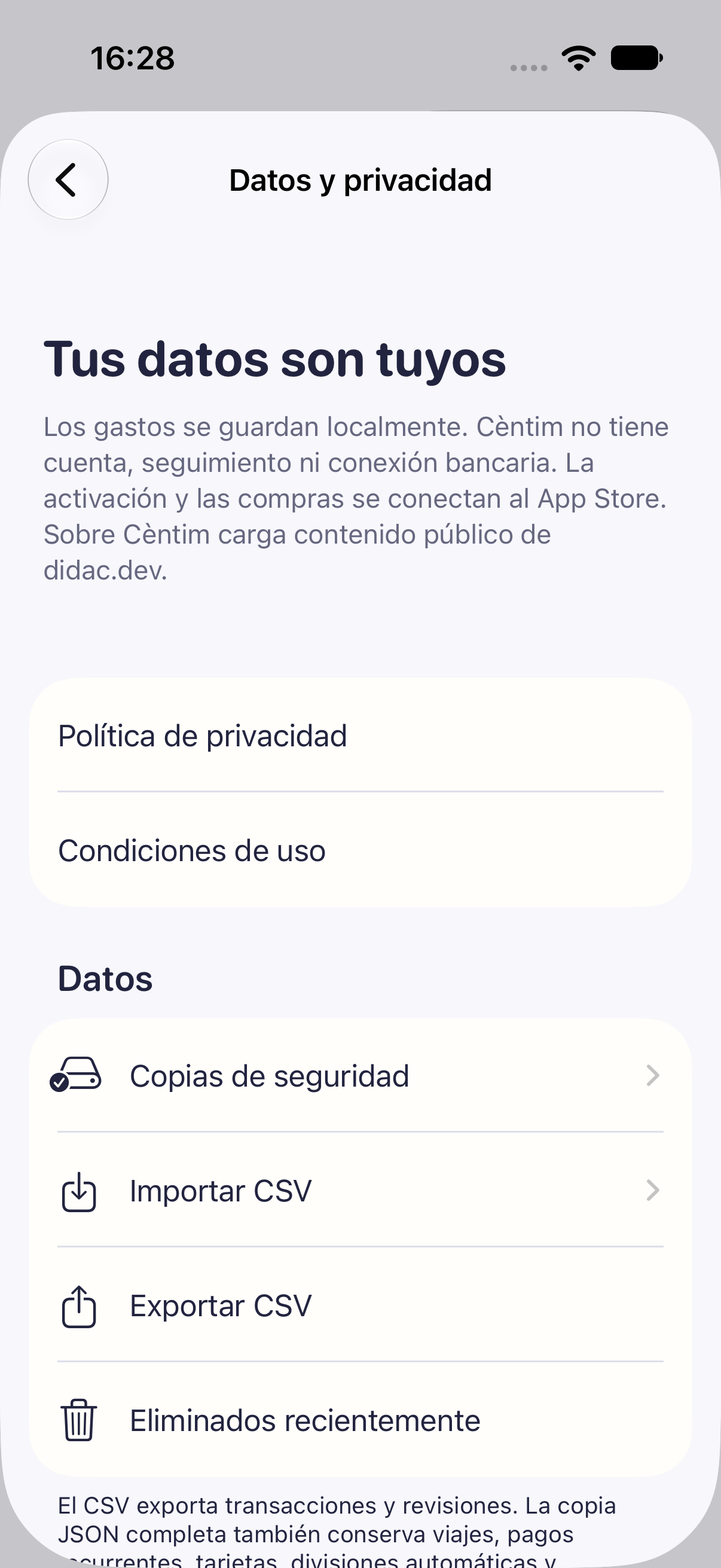 Pantalla de datos y privacidad de Cèntim con copias locales y controles CSV