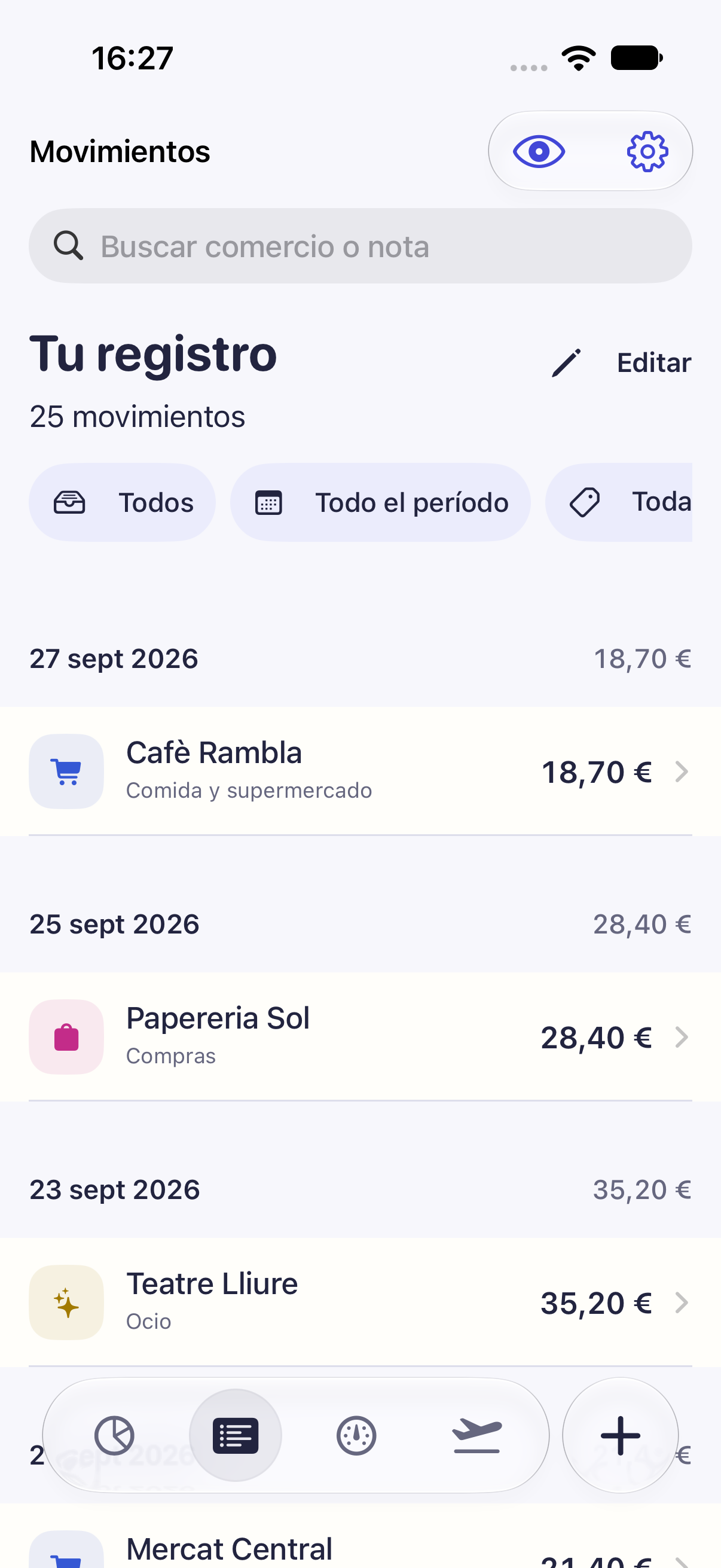 Registro de transacciones de Cèntim con búsqueda, filtros y gastos recientes